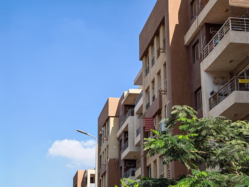 Urban apartment building against a bright blue sky with foliage in the foreground.
